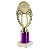 GOLD/PURPLE 'WREATH' HOLDER ASSEMBLED ON MARBLE (2" CEN/2" TUBE) - 8.75in